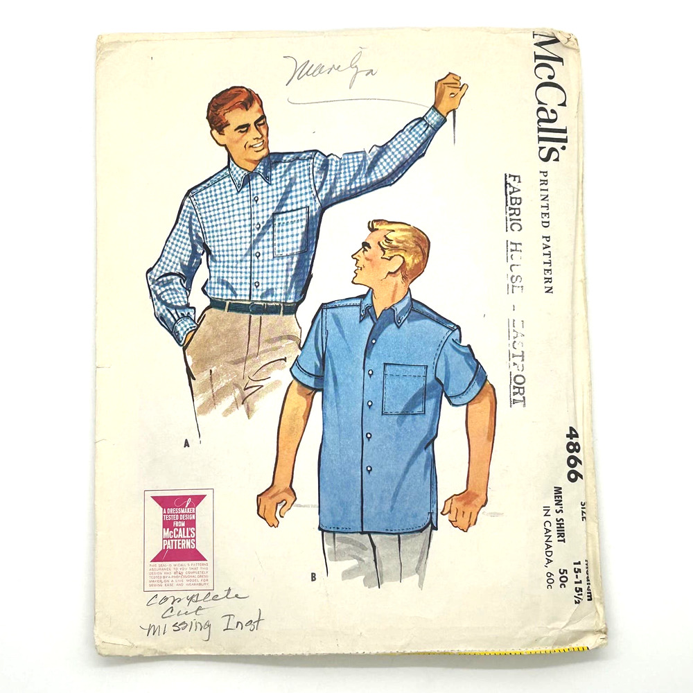 McCalls Vintage 1950's Pattern‎ #4866 Men's Shirt Long or Short Sleeve Size M